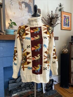 Vtg Raquel M Handknit Peruvian Sweater 100% Cotton 90s Aztec Cable RL Country